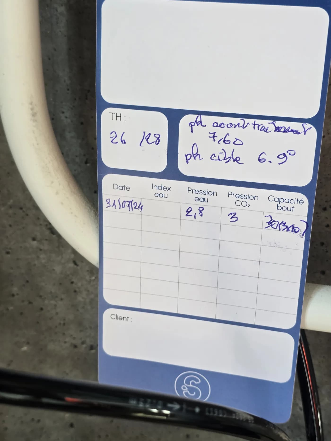 Fiche de mise en service : dureté (TH) et pH relevés sur place